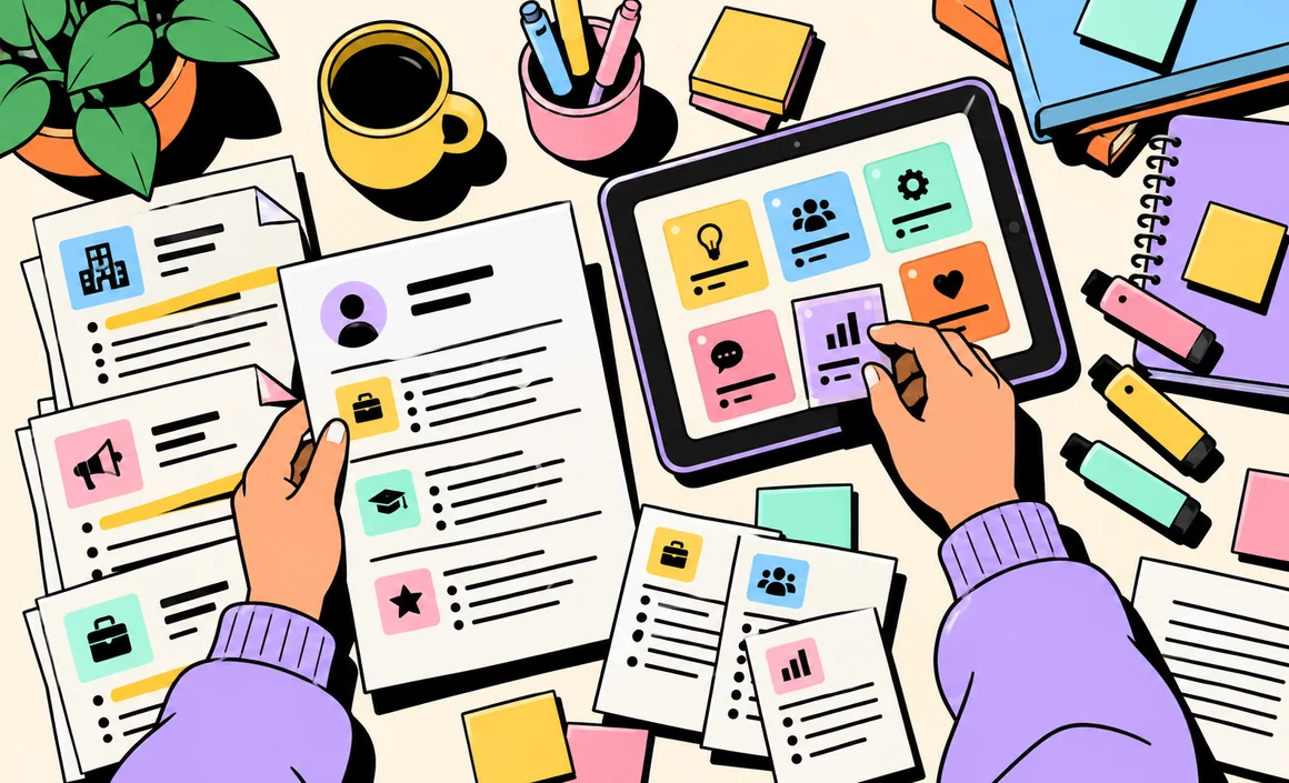 Illustration : vue de dessus d’un CV et d’offres d’emploi, une tablette suggère des compétences