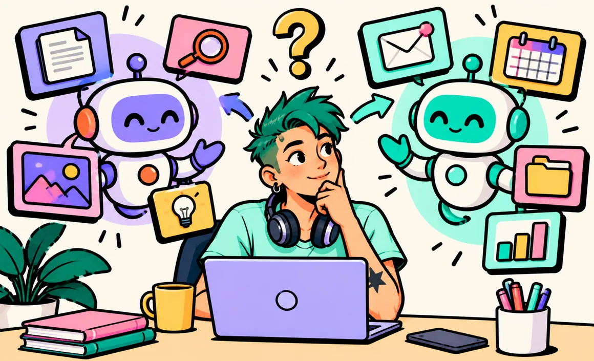 Illustration : Sam hésite entre deux assistants IA