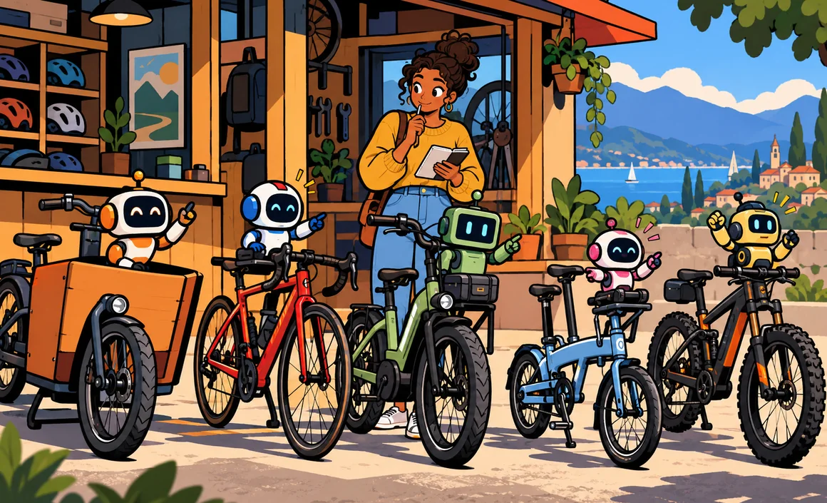 Illustration : Léa hésite entre cinq vélos différents, chacun avec un petit robot assistant