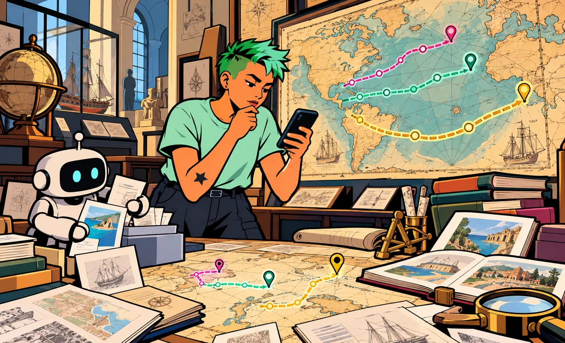 Illustration : Sam devant une grande carte ancienne avec trois chemins de tailles différentes