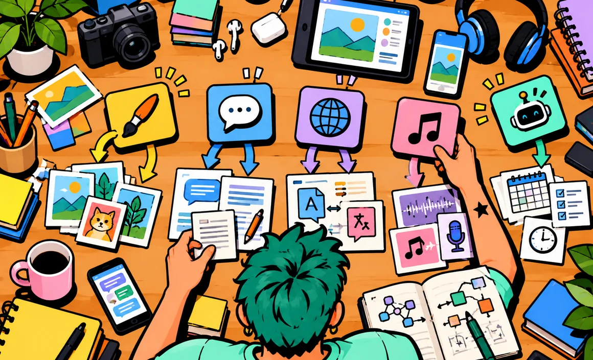 Illustration : Sam trie des cartes d’outils IA selon les tâches à accomplir