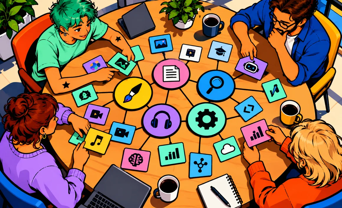 Illustration : quatre personnes autour d’une table classent des cartes d’outils IA par besoin