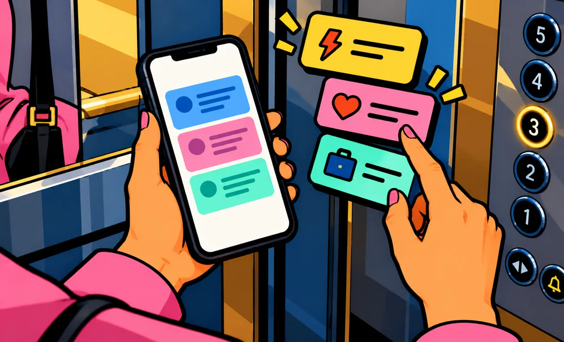 Illustration : dans un ascenseur, des mains choisissent entre trois versions d’un même message