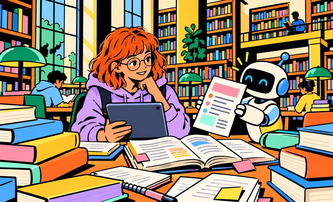 Illustration : Chloé étudie dans une bibliothèque, aidée par un petit robot qui lui apporte un résumé