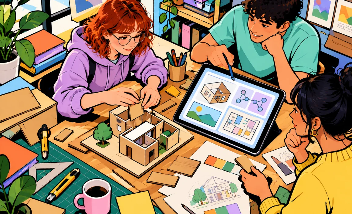 Illustration : Chloé et ses amis construisent une maquette avec l’aide de schémas créés par l’IA