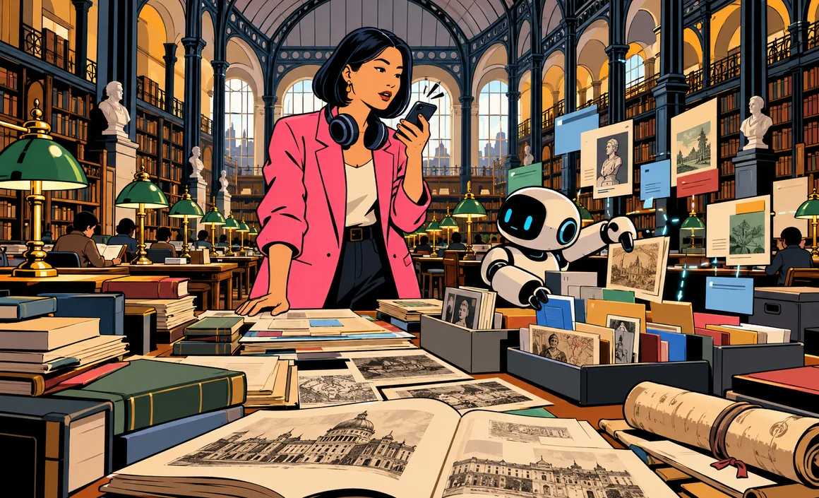 Illustration : Aïko dans une grande salle de lecture, un petit robot classe ses documents
