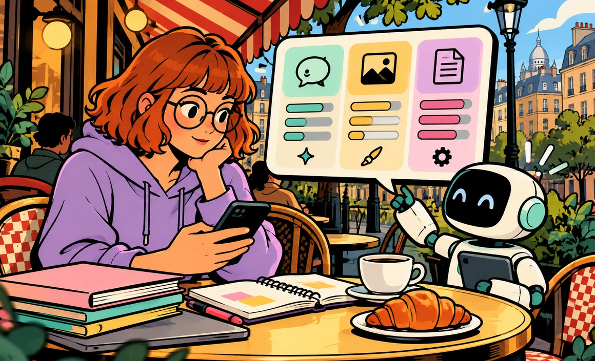 Illustration : à une terrasse de café, un petit robot montre à Chloé différents niveaux de capacités