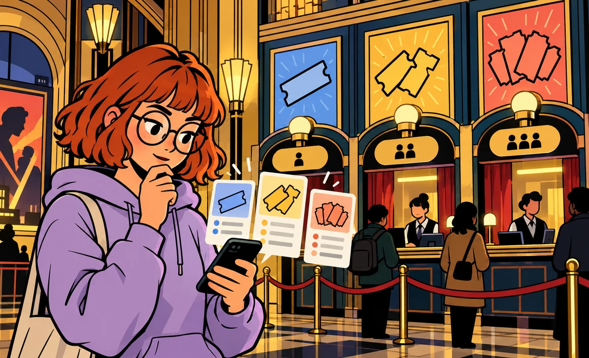 Illustration : Chloé compare des formules d’abonnement dans le hall Art déco d’un cinéma