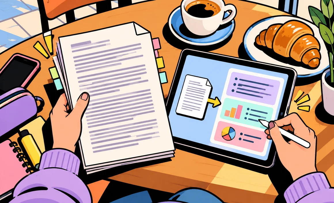 Illustration : un long document papier transformé en résumé structuré sur une tablette, dans un café