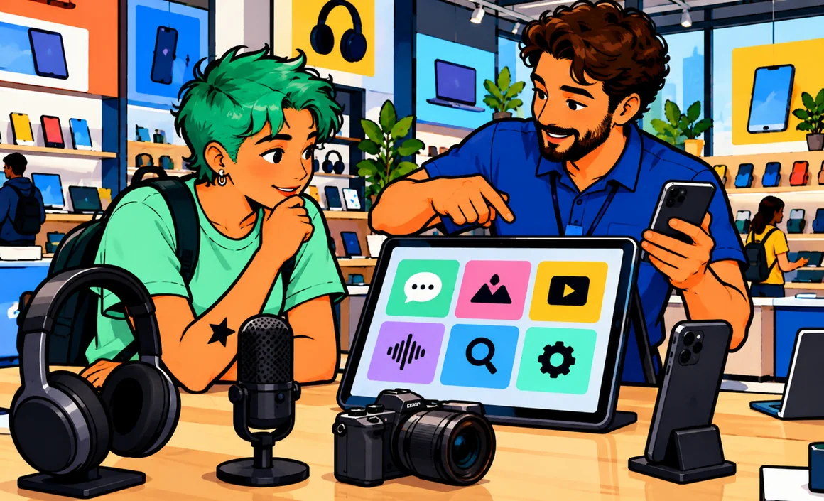 Illustration : Sam compare des types d’outils IA sur une tablette dans un magasin d’électronique