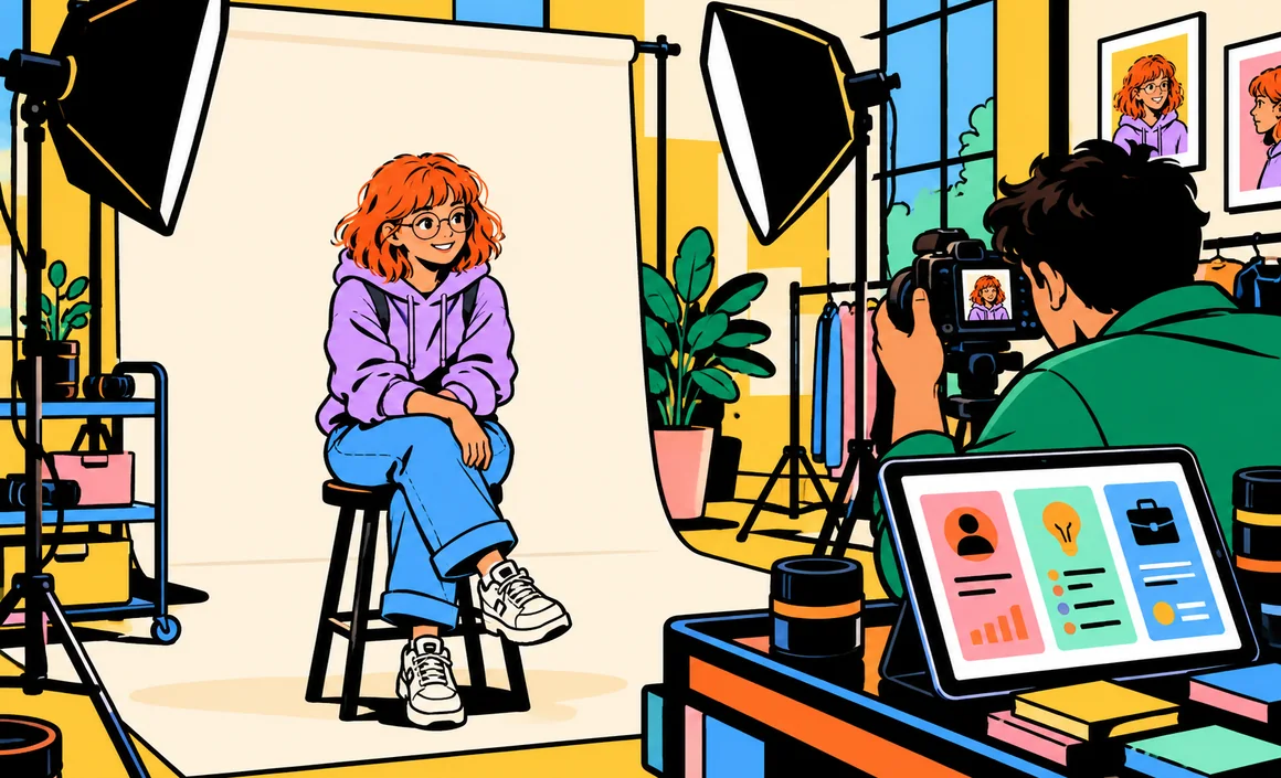 Illustration : Chloé se prépare pour un portrait professionnel dans un studio photo