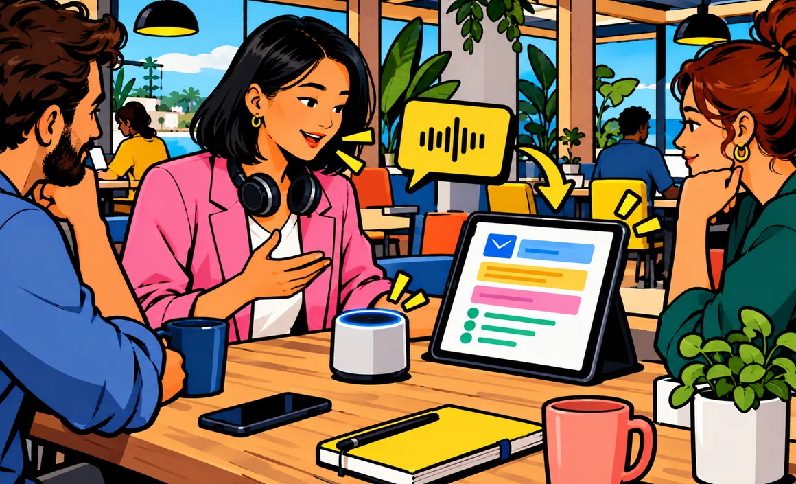 Illustration : Aïko dicte ses idées à une enceinte, une tablette les transforme en e-mail structuré