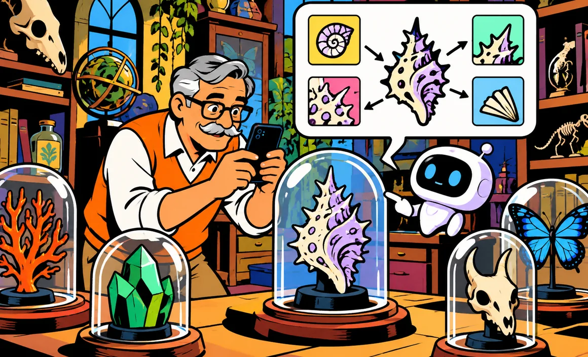 Illustration : Bernard photographie des objets dans un cabinet de curiosités, un assistant IA les analyse