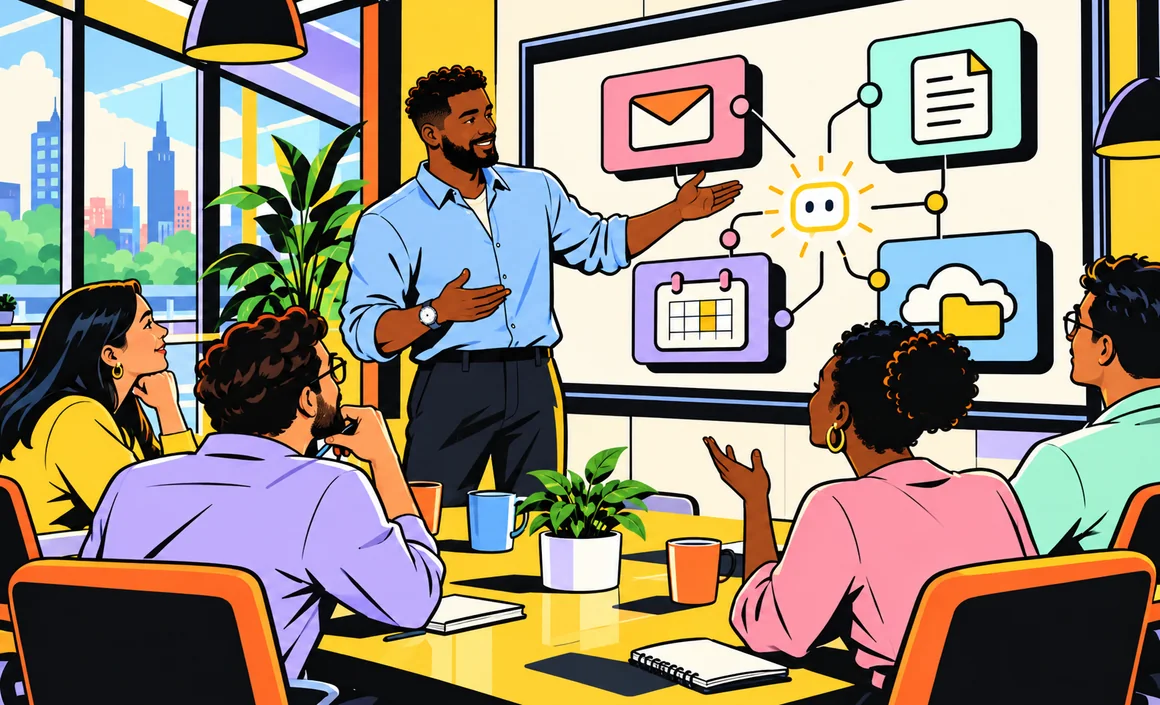 Illustration : Malik présente à ses collègues les e-mails, documents, agenda et fichiers reliés par l’IA