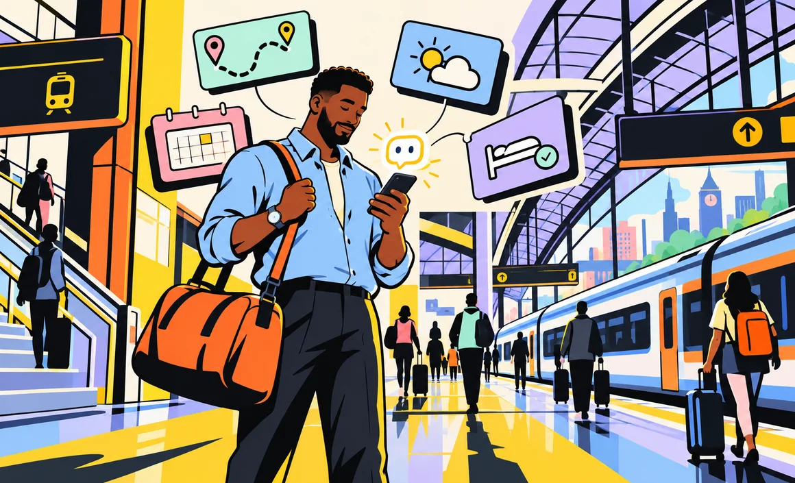 Illustration : Malik consulte l’assistant IA de son téléphone dans une gare pour son trajet, la météo et sa réservation