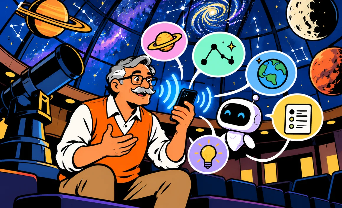 Illustration : Bernard parle à son téléphone sous la coupole d’un planétarium