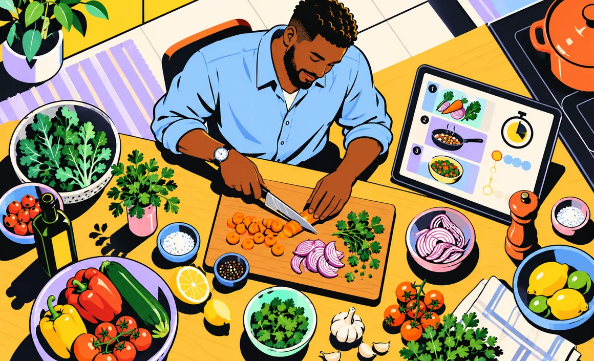 Illustration : Malik cuisine en suivant une recette proposée par l’IA sur une tablette