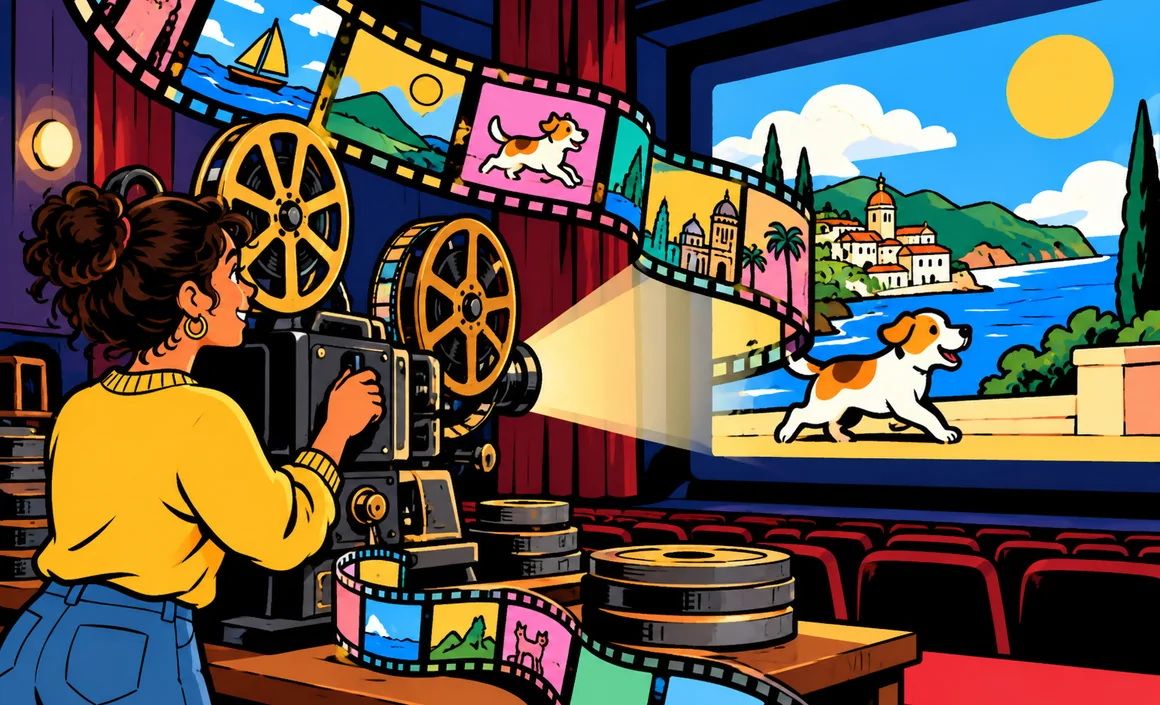 Illustration : Léa fait défiler des bandes de film qui deviennent des scènes animées dans une salle de projection
