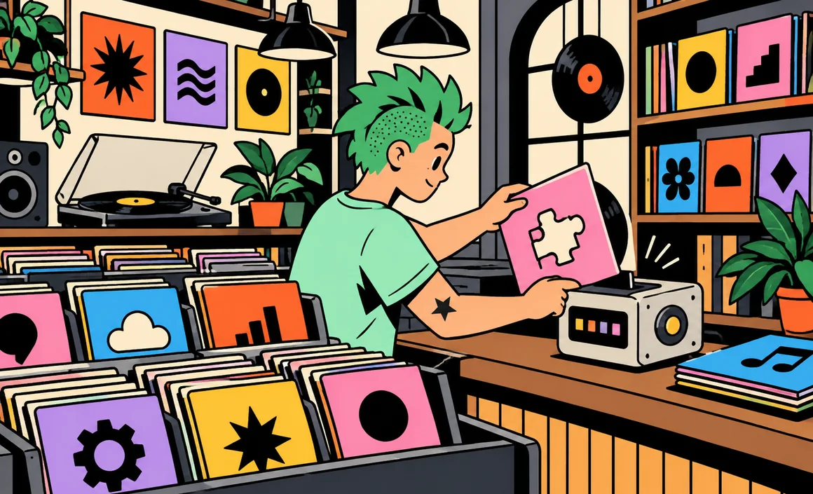 Illustration : Sam choisit une pochette chez un disquaire et l’insère dans un petit boîtier
