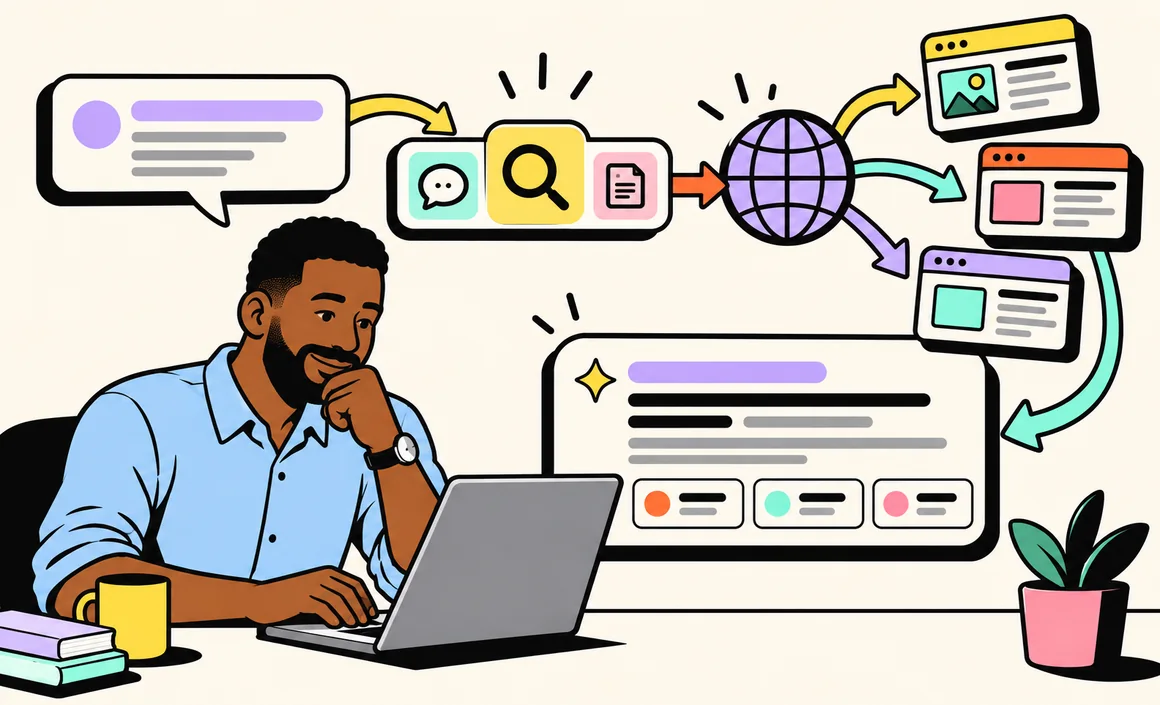 Illustration : une question envoyée à ChatGPT déclenche une recherche sur le Web puis une réponse sourcée