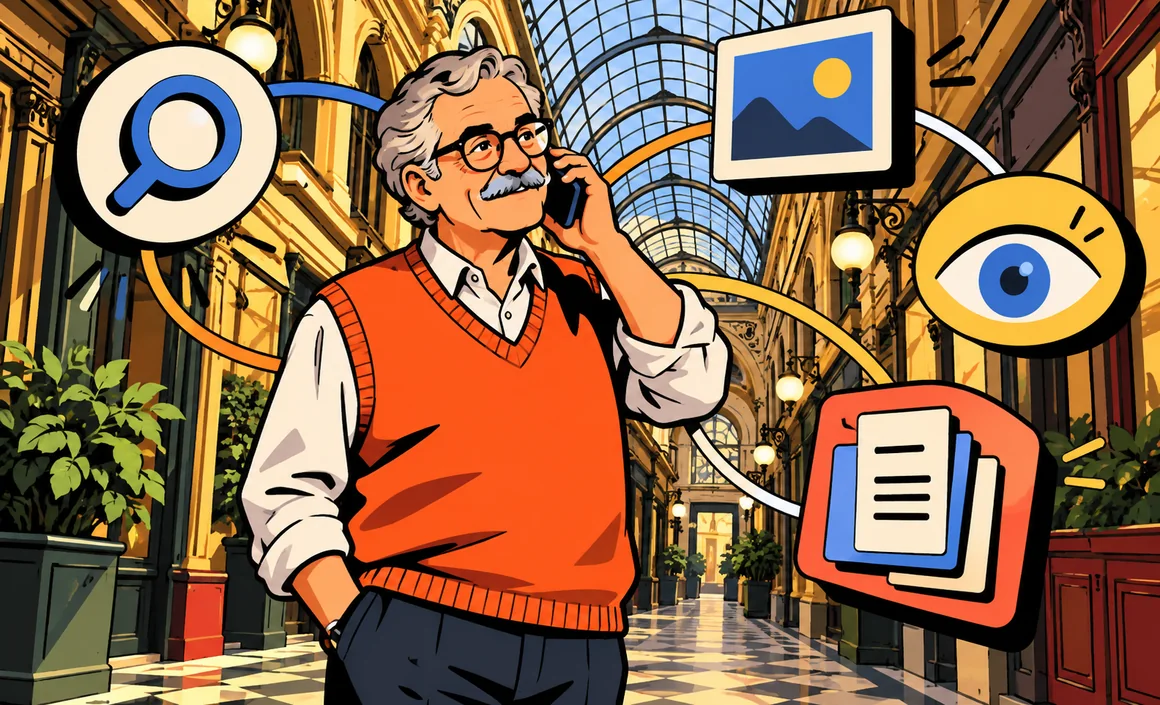 Illustration : Bernard parle à son téléphone dans un passage couvert, entouré de symboles de recherche, d’image et de documents