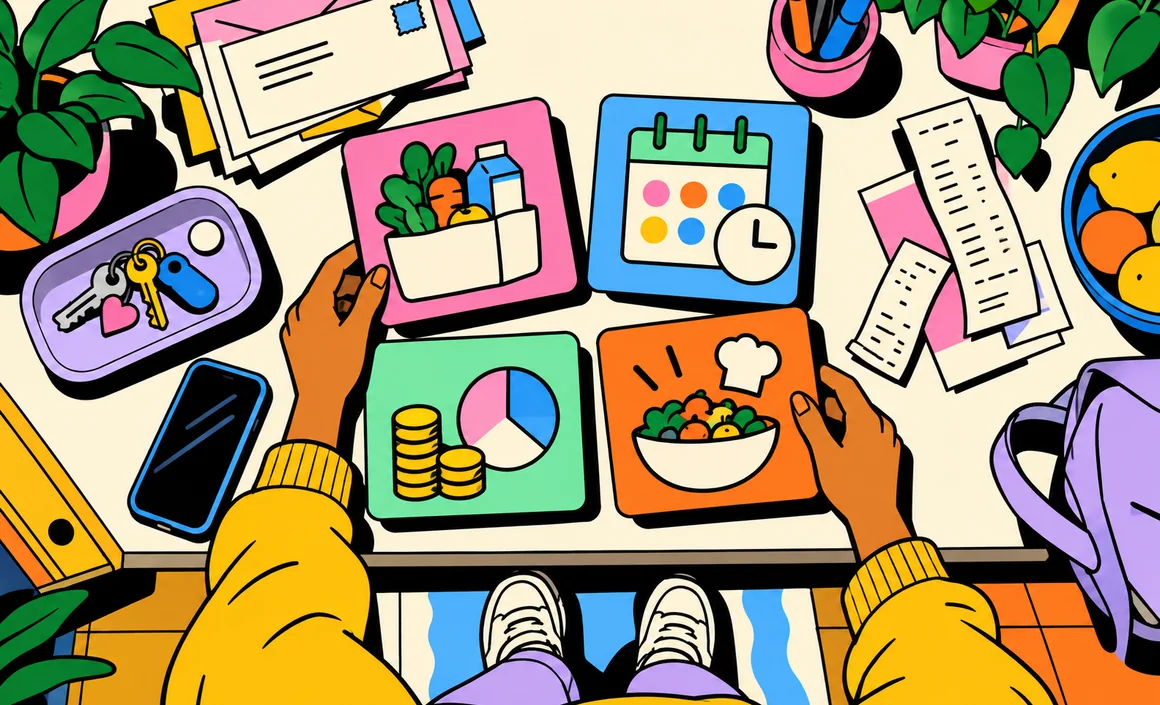 Illustration : vue de dessus de mains qui organisent des cartes courses, agenda, budget et repas