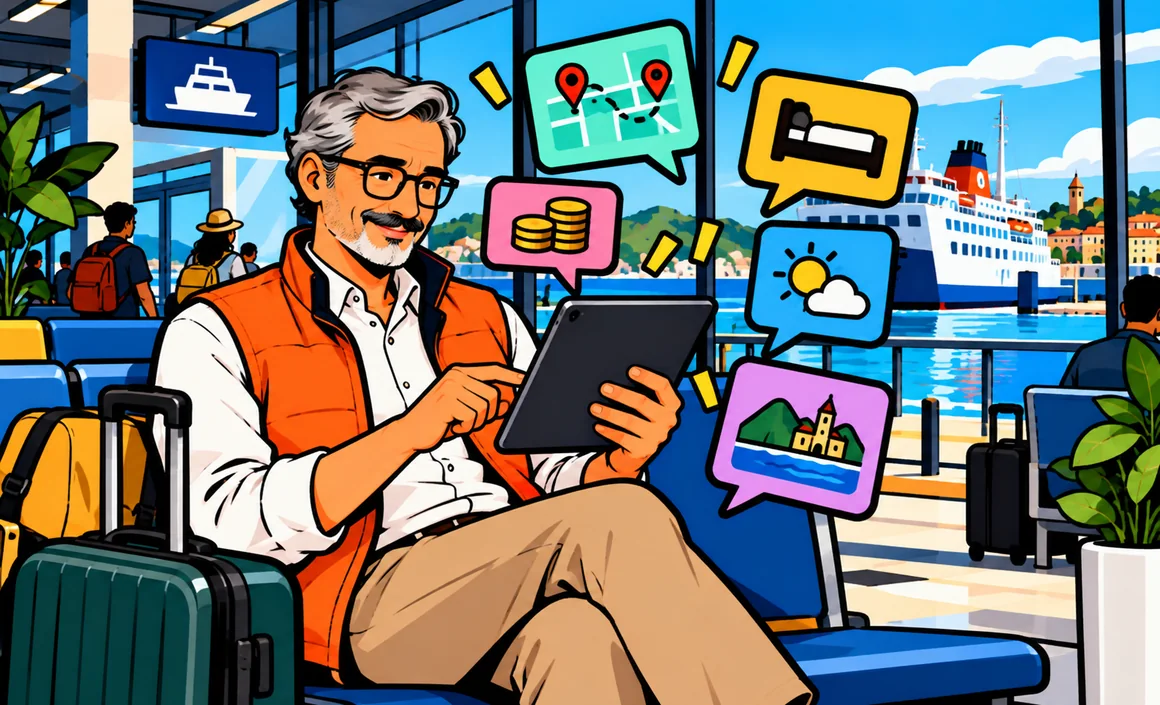 Illustration : Bernard prépare son voyage sur une tablette dans un terminal de ferry