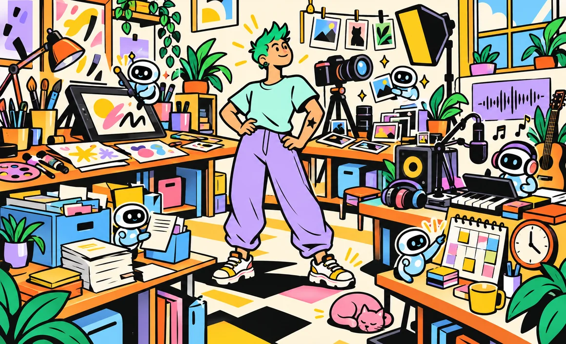 Illustration : Sam dans un atelier de créateur entouré d’outils IA pour dessiner, photographier, composer et s’organiser