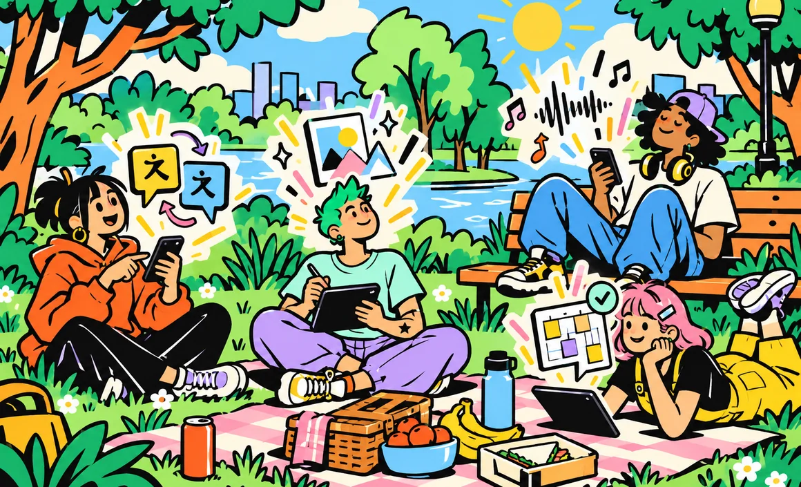 Illustration : Sam et ses amis utilisent chacun un outil IA gratuit différent dans un parc