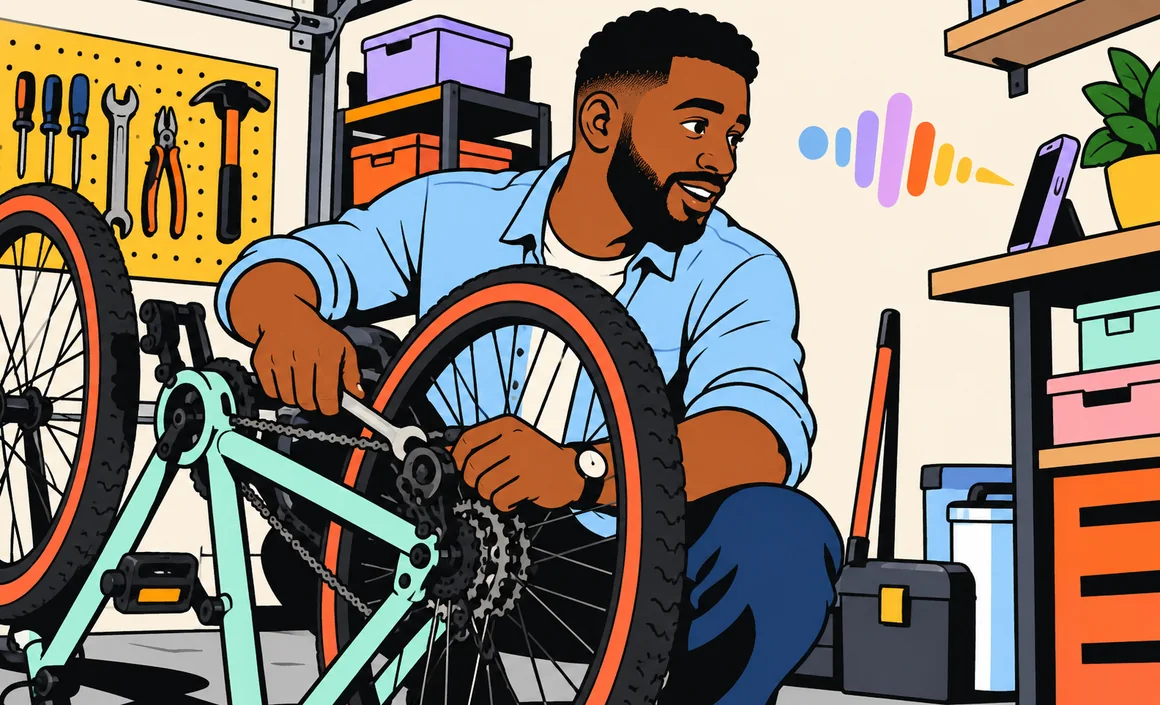 Illustration : Malik répare un vélo et parle à son téléphone posé sur une étagère
