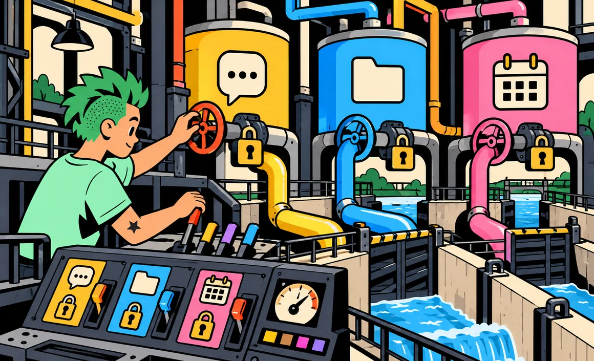 Illustration : Sam contrôle des vannes et des cadenas reliant messages, fichiers et agenda