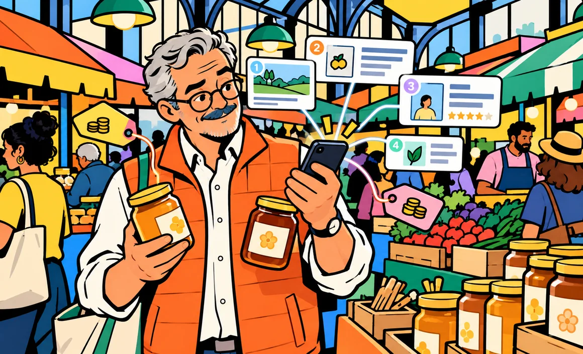 Illustration : Bernard compare deux pots de miel au marché grâce aux sources affichées sur son téléphone