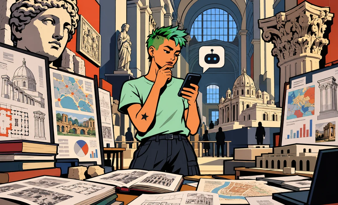 Illustration : Sam fait des recherches sur son téléphone au milieu d’un musée d’architecture