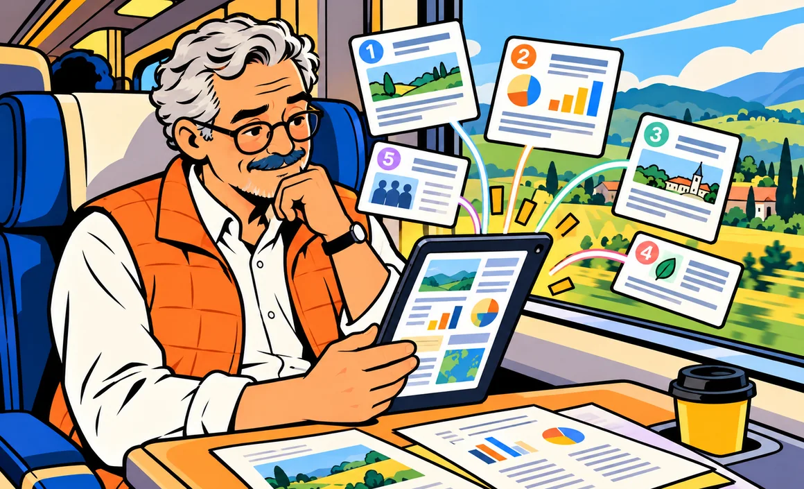 Illustration : Bernard lit dans le train un rapport de recherche qui rassemble plusieurs sources