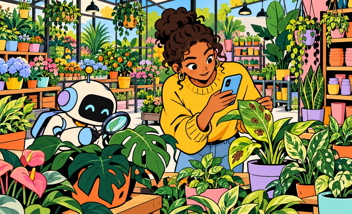 Illustration : Léa photographie une feuille abîmée dans une jardinerie pour demander conseil à l’IA