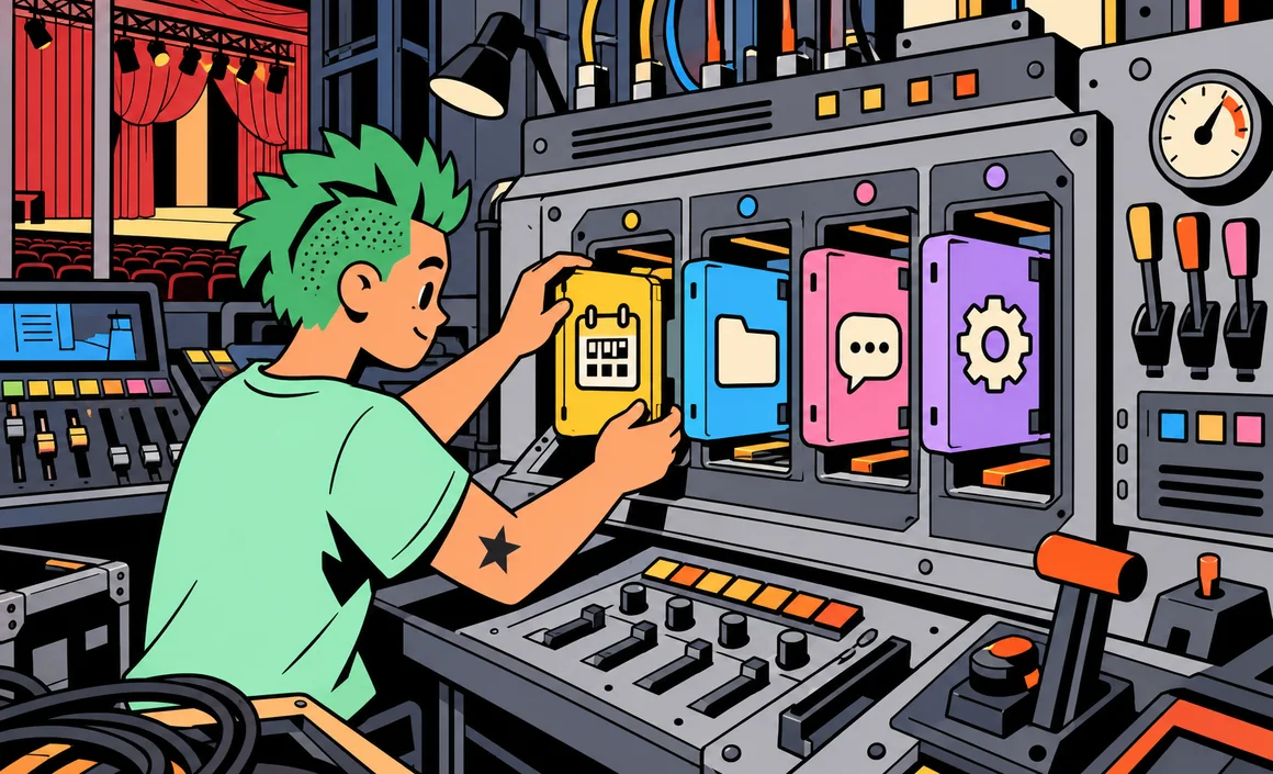 Illustration : Sam insère des modules colorés dans une console de théâtre, comme on ajoute des plugins à ChatGPT