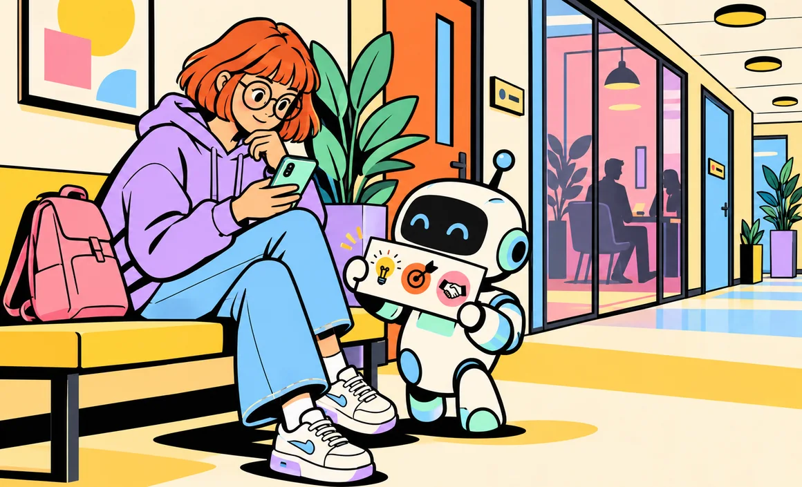 Illustration : Chloé relit ses points clés avant un entretien, aidée par un petit robot