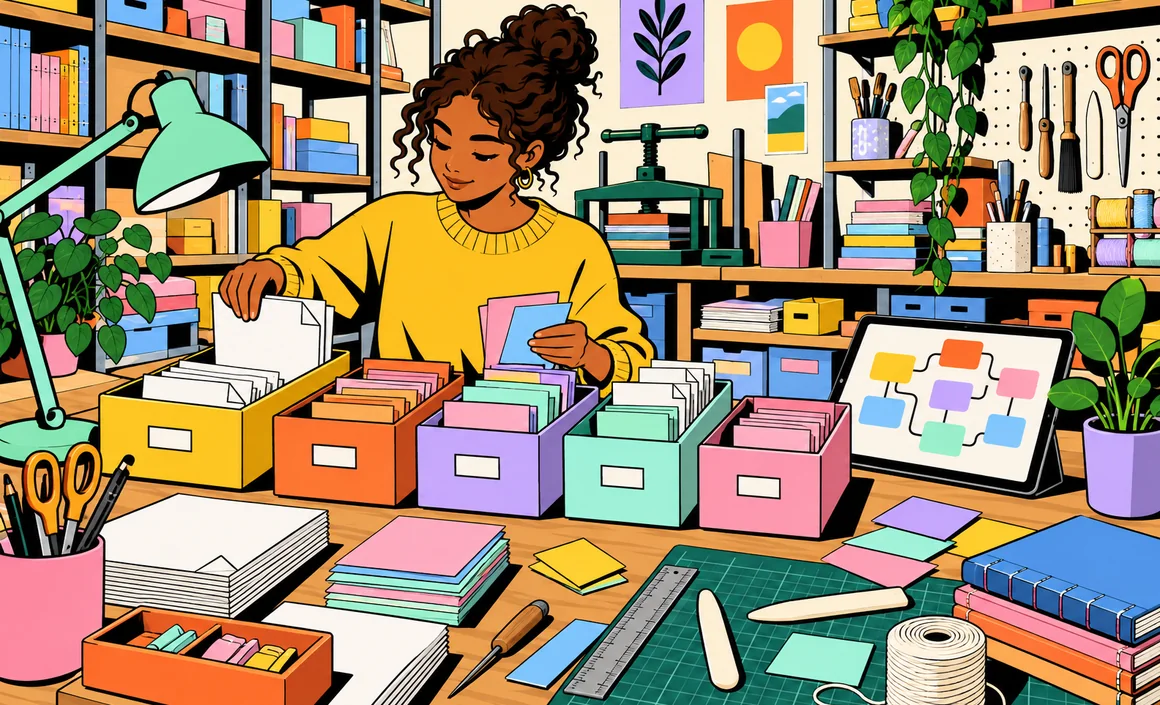 Illustration : Léa range dossiers et cartes dans des boîtes de couleur, comme les projets de ChatGPT