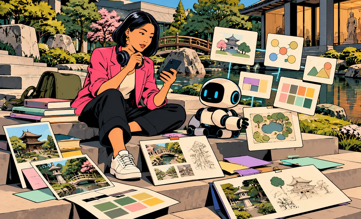 Illustration : Aïko dans un jardin japonais, un petit robot transforme ses documents en schémas