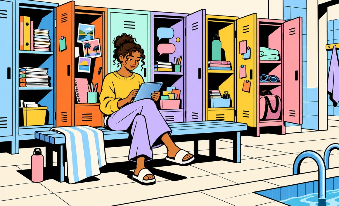 Illustration : Léa dans un vestiaire aux casiers ouverts, chacun contenant un projet différent