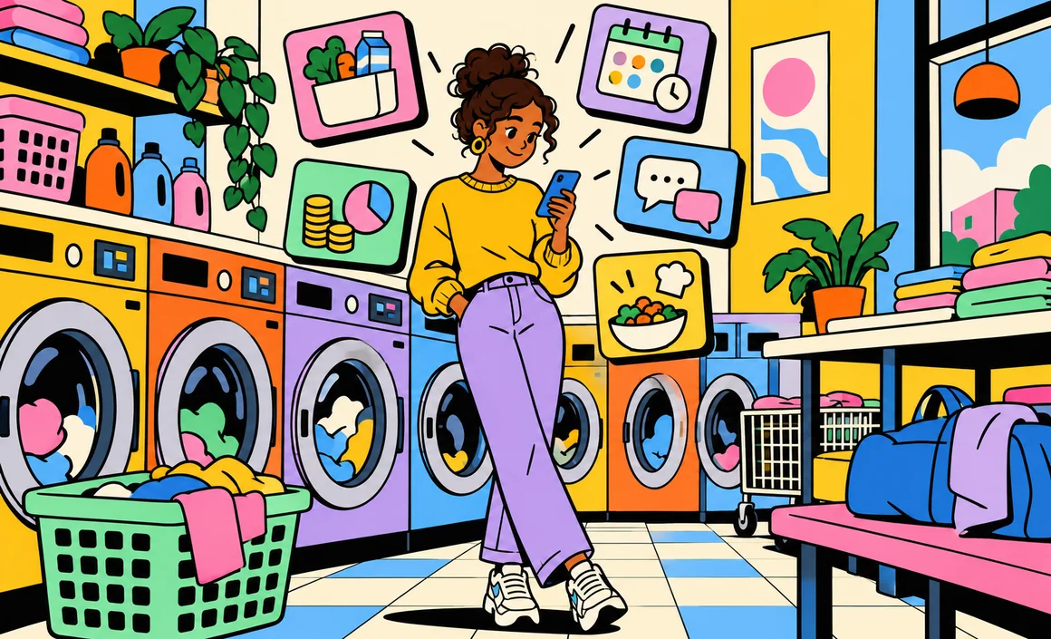 Illustration : Léa à la laverie organise son quotidien sur son téléphone avec ChatGPT