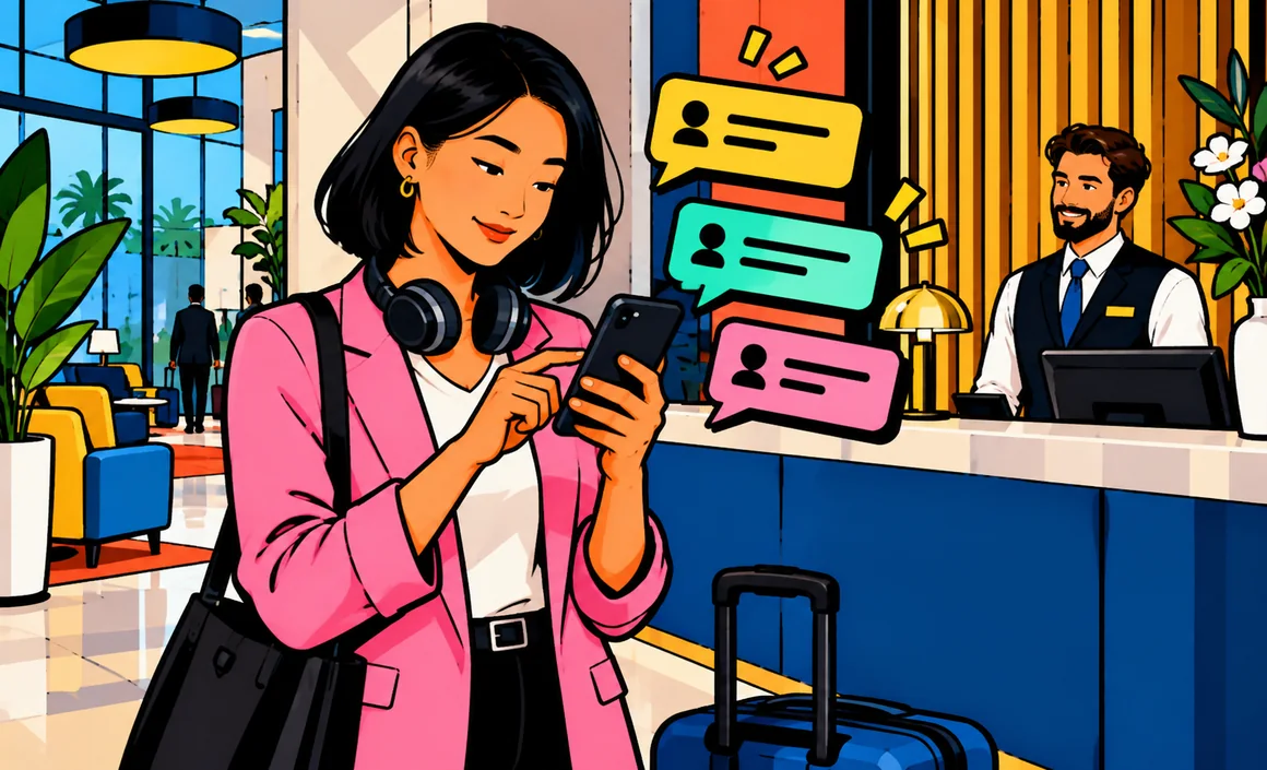 Illustration : Aïko prépare un message sur son téléphone dans le hall d’un hôtel, entre plusieurs tons possibles