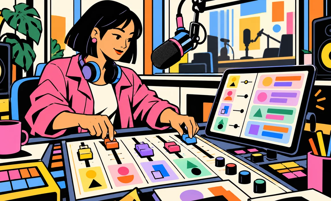 Illustration : Aïko règle des curseurs de ton et de détail sur une console de studio radio
