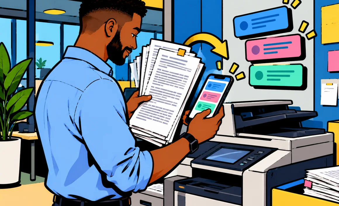 Illustration : Malik devant un photocopieur consulte sur son téléphone la synthèse de longues feuilles