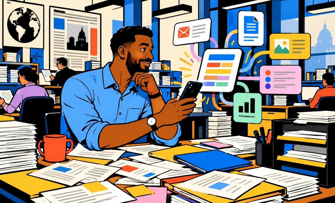 Illustration : Malik résume sur son téléphone une table couverte de courriers et de documents
