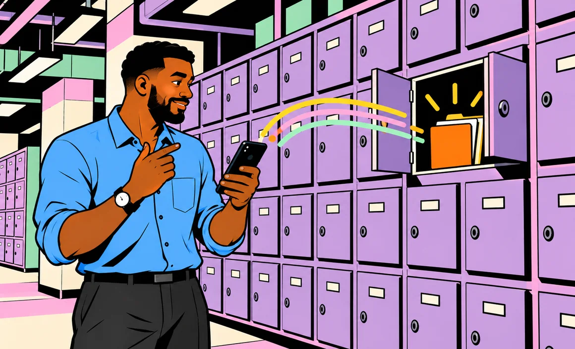 Illustration : Malik demande un document à son téléphone et un seul casier s’ouvre