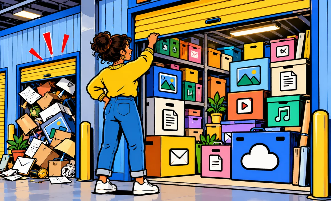 Illustration : Léa ouvre un grand box de stockage bien rangé à côté d’un petit box qui déborde