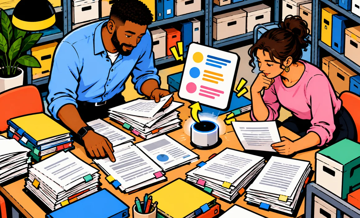Illustration : Malik et une collègue dans une salle d’archives, les dossiers se transforment en une fiche synthétique