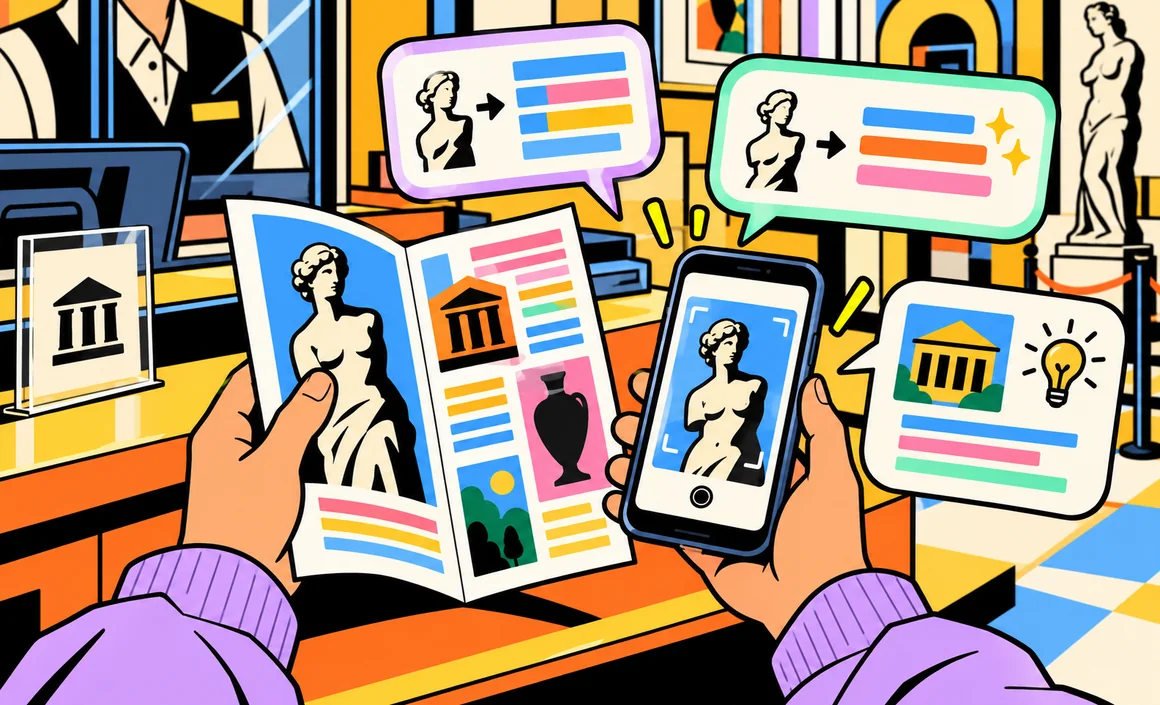 Illustration : au guichet d’un musée, un dépliant étranger traduit sur un téléphone