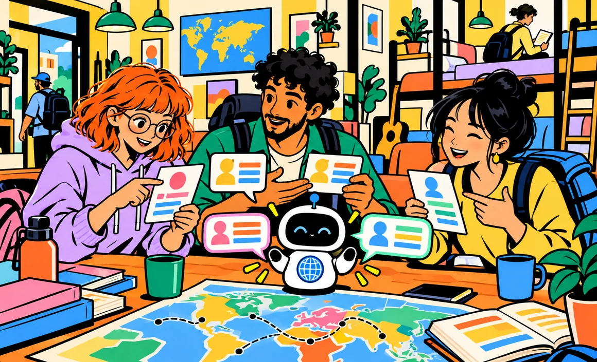 Illustration : Chloé et deux voyageurs échangent dans une auberge de jeunesse avec l’aide d’un petit robot traducteur